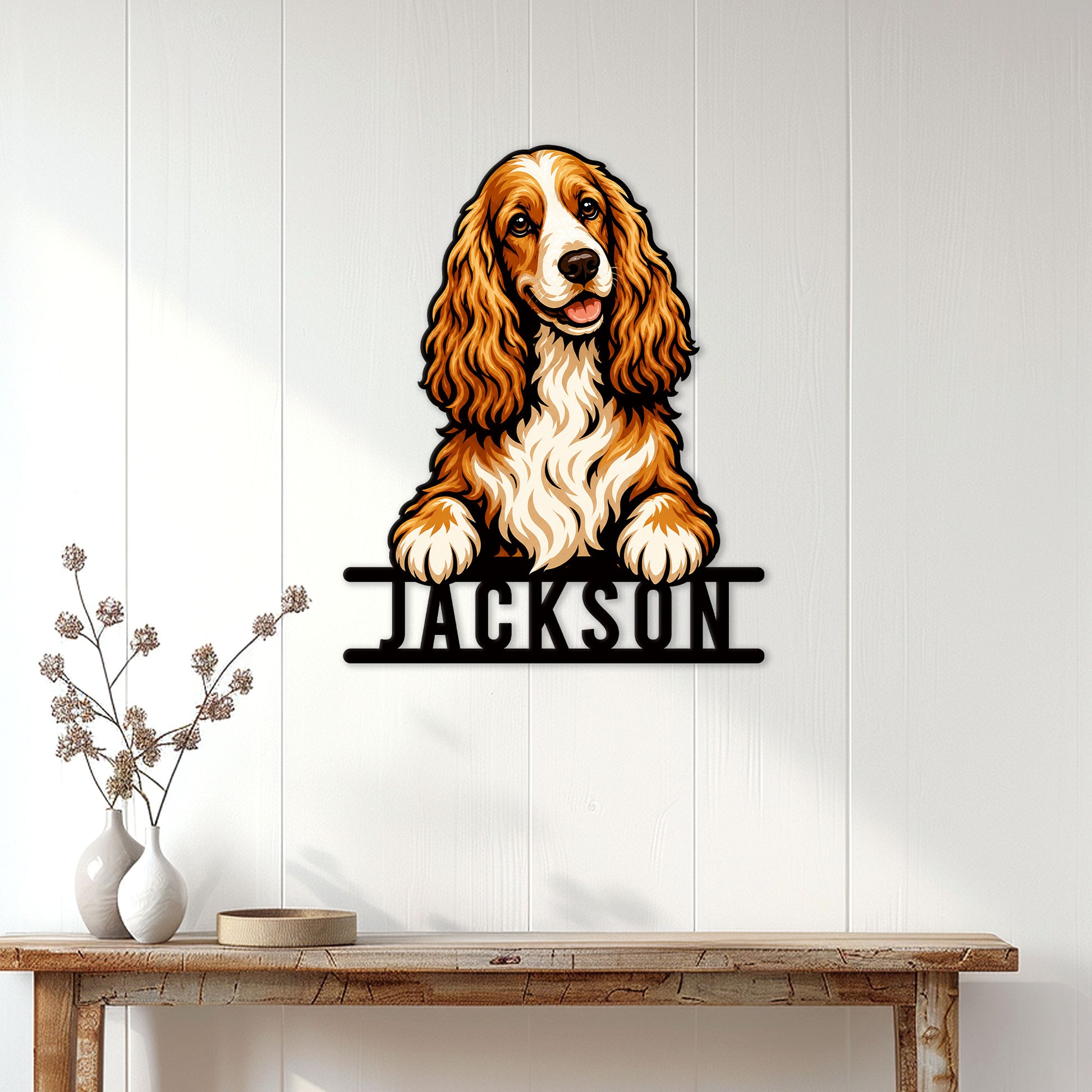 English Cocker Spaniel metal wall sign displayed on a bright paneled wall above a console table