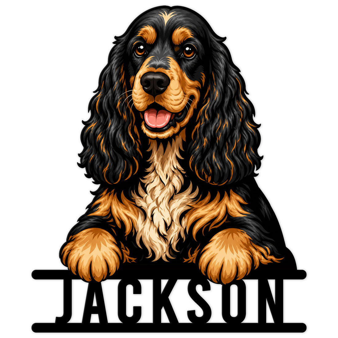 Custom English Cocker Spaniel metal sign featuring a detailed black and tan dog portrait