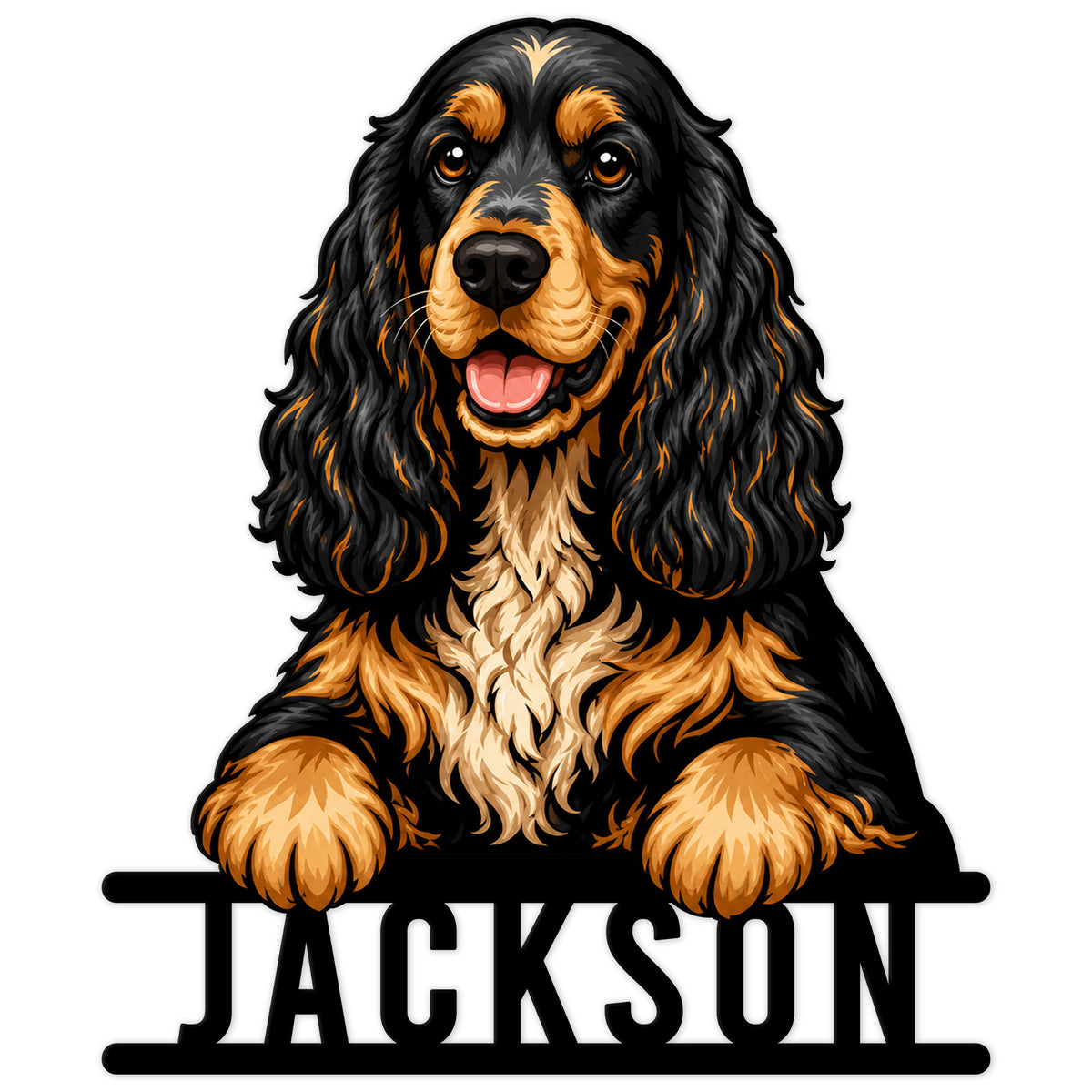 Custom English Cocker Spaniel metal sign featuring a detailed black and tan dog portrait