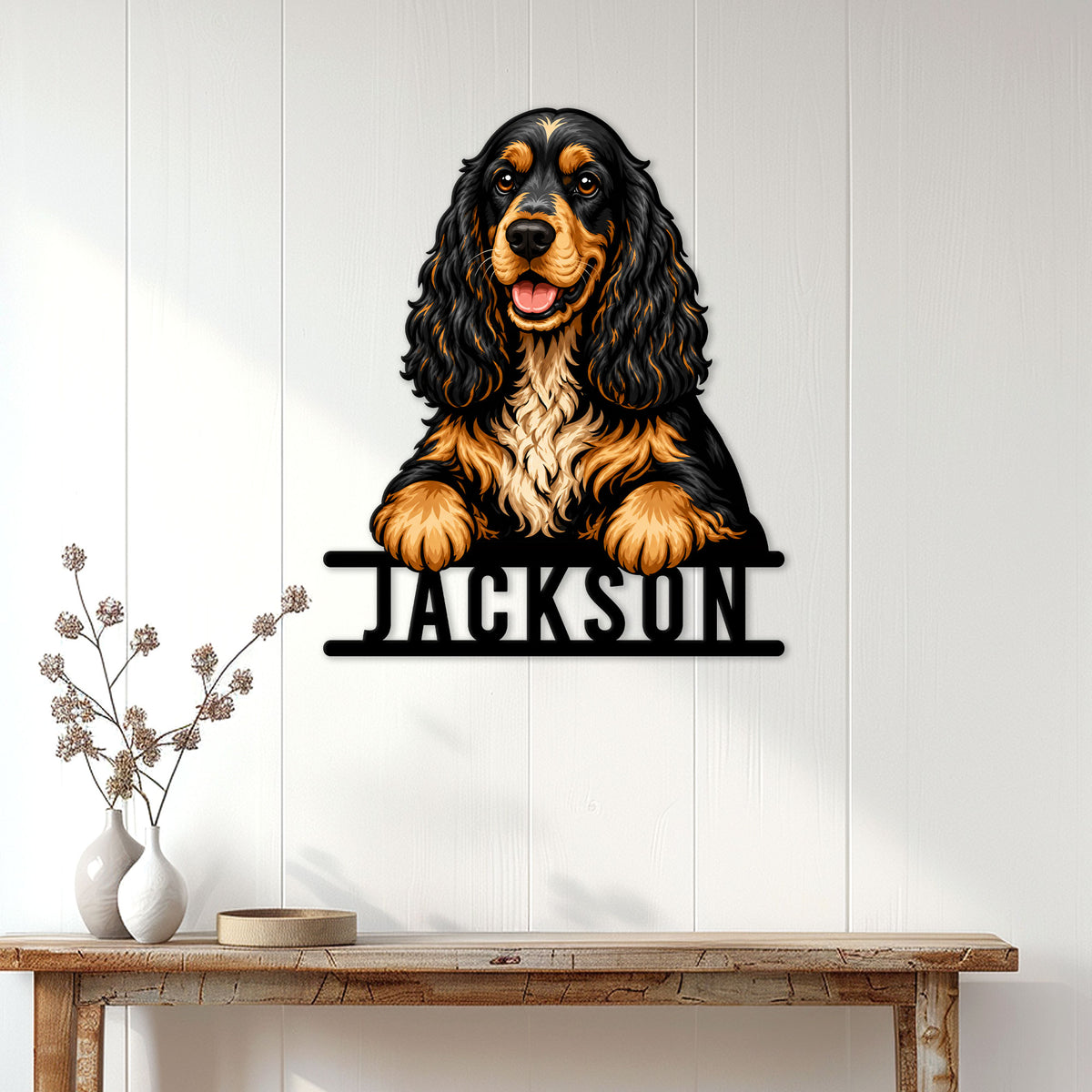 English Cocker Spaniel metal wall sign displayed on a light paneled wall above a console table