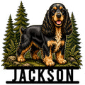 Custom English Cocker Spaniel metal sign featuring a black and tan dog in a detailed evergreen forest scene