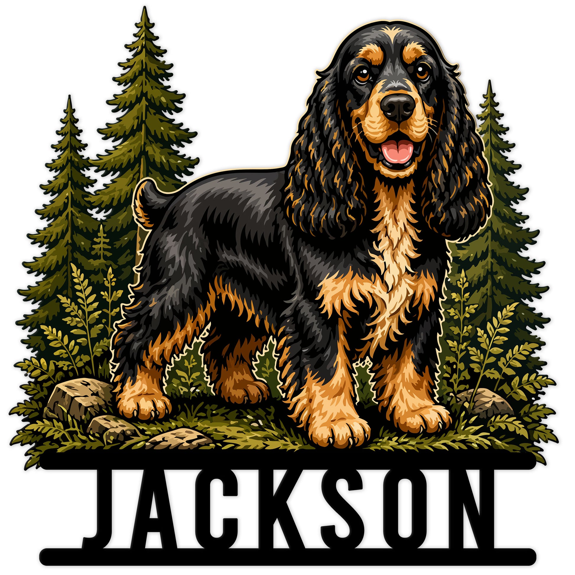 Custom English Cocker Spaniel metal sign featuring a black and tan dog in a detailed evergreen forest scene