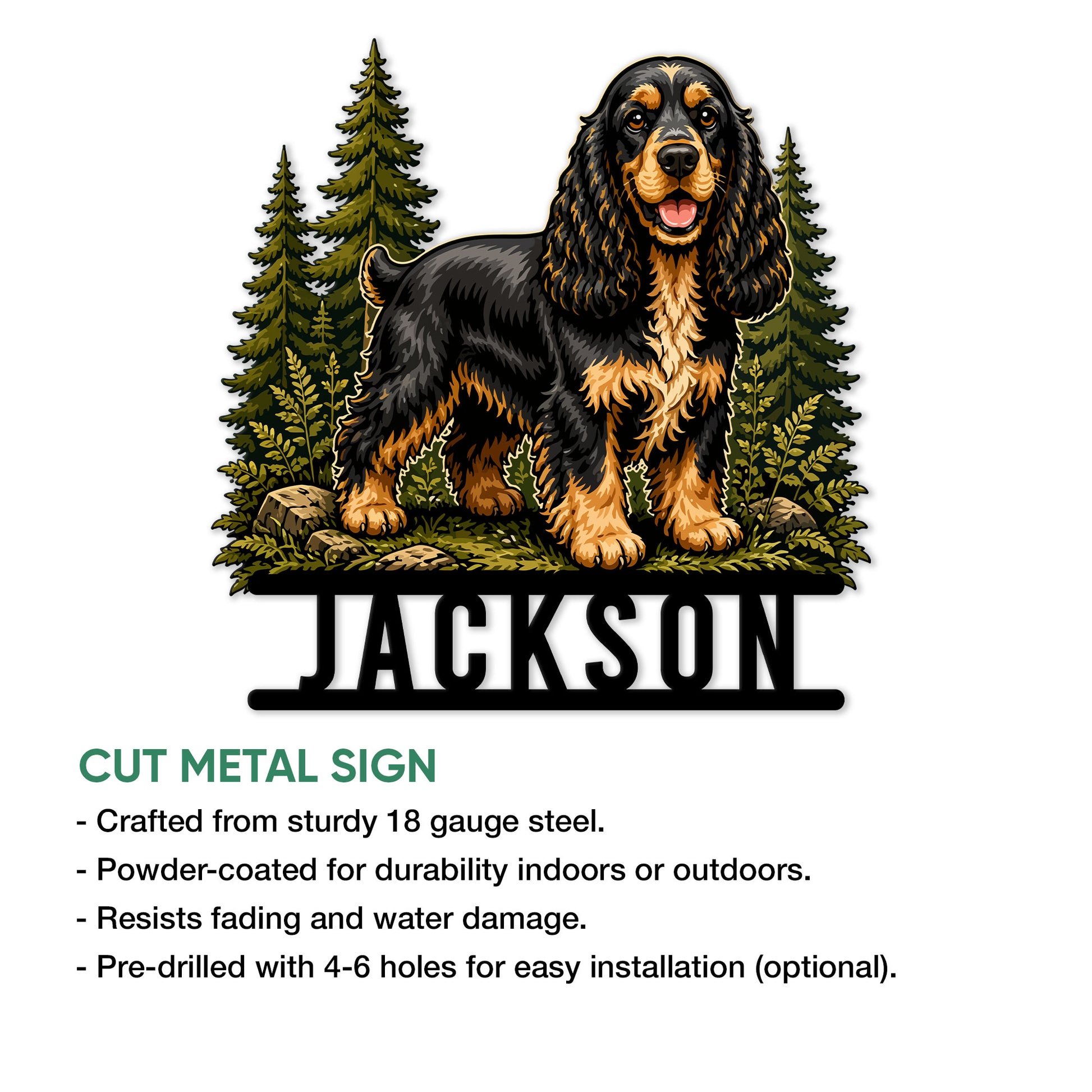 English Cocker Spaniel metal sign feature guide showing the cut-metal design and indoor or outdoor display use
