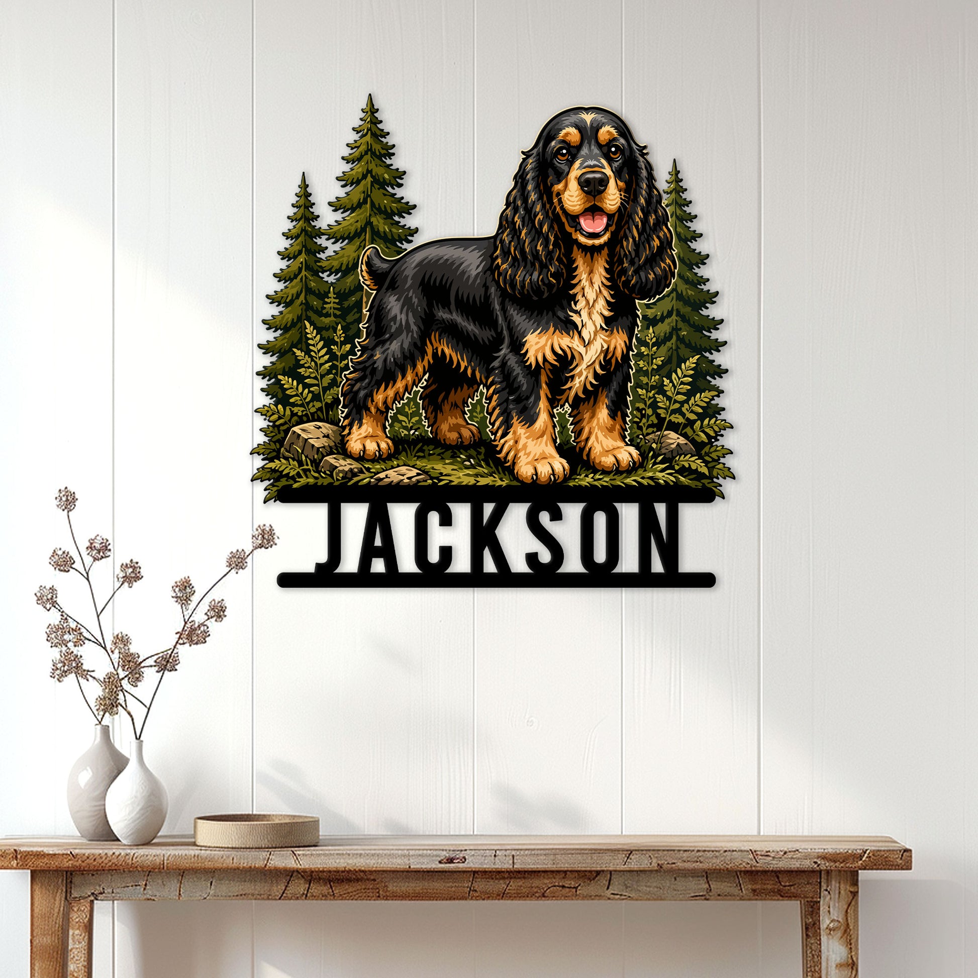 English Cocker Spaniel wall sign displayed above a console table in a bright home entryway