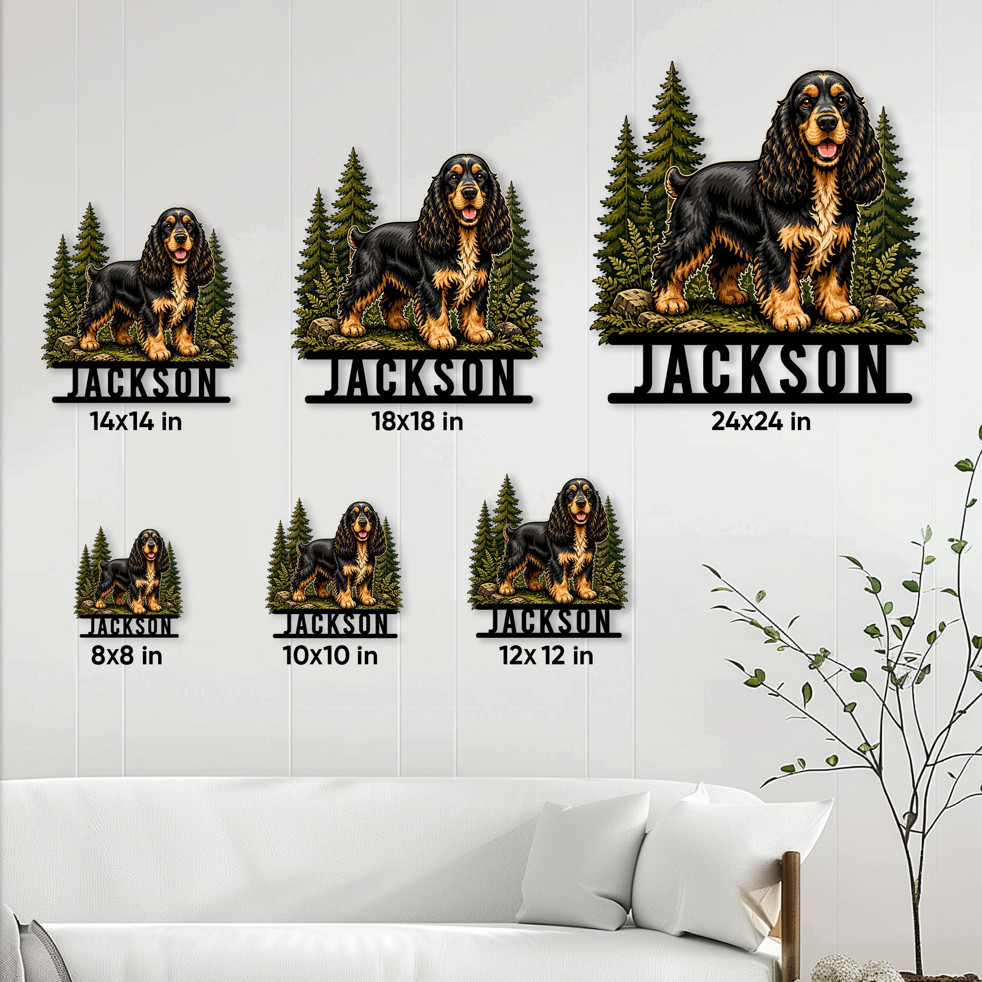 English Cocker Spaniel metal sign size guide showing available square sizes from 8 by 8 to 24 by 24 inches