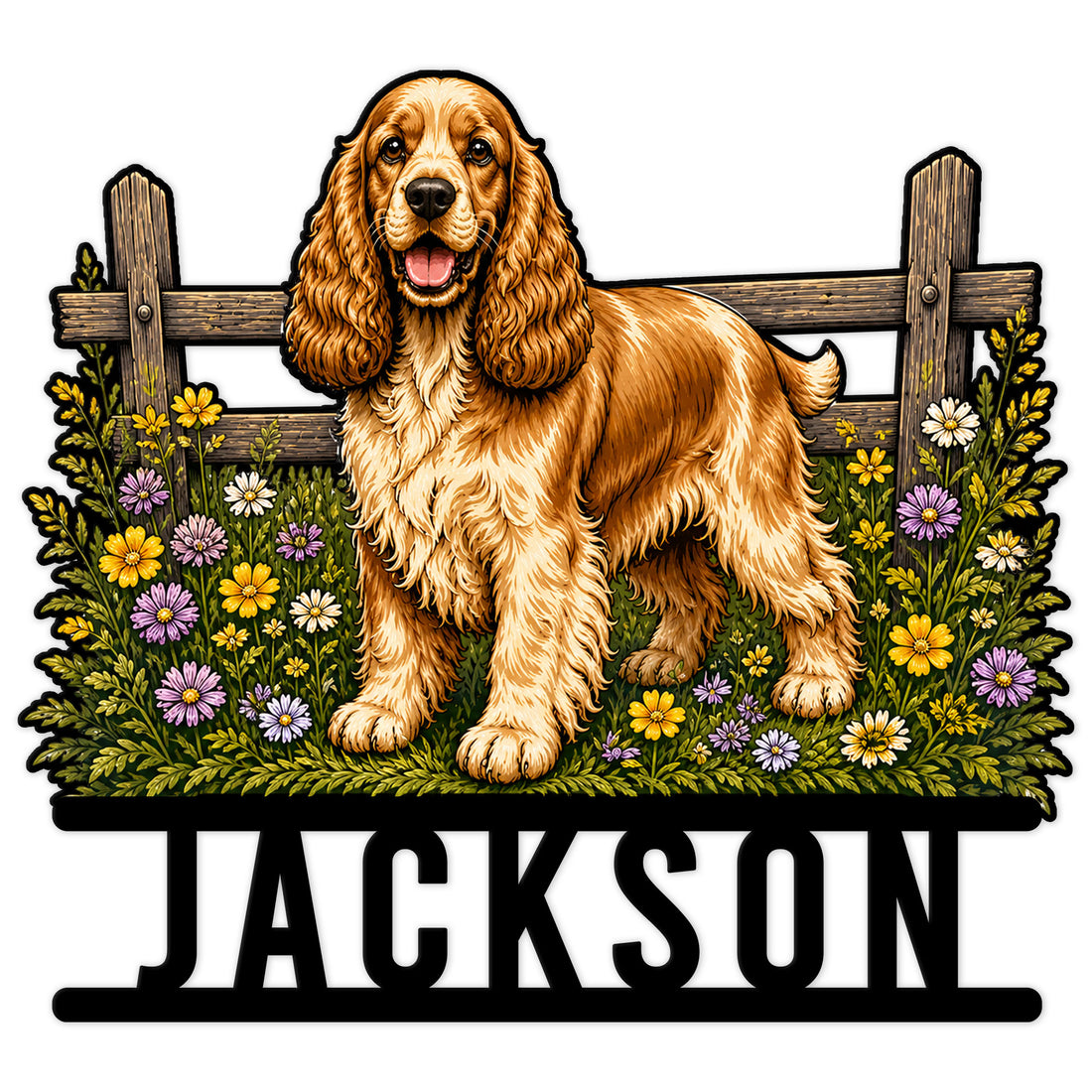 Custom English Cocker Spaniel metal sign with a cheerful dog, rustic fence, and colorful wildflowers