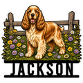 Custom English Cocker Spaniel metal sign with a cheerful dog, rustic fence, and colorful wildflowers