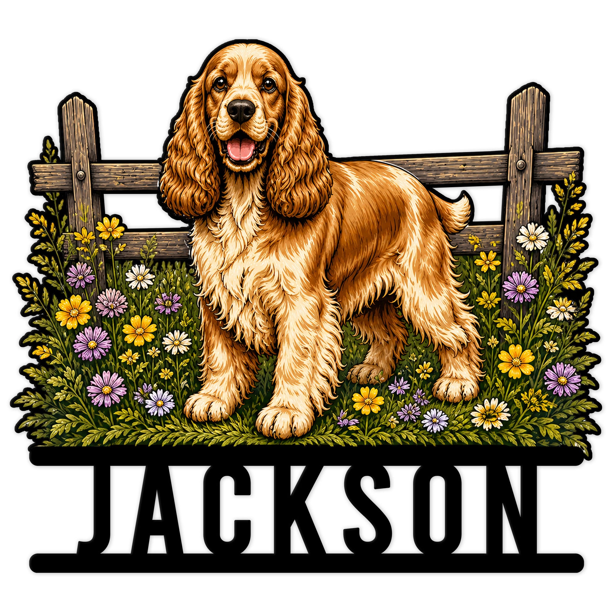 Custom English Cocker Spaniel metal sign with a cheerful dog, rustic fence, and colorful wildflowers
