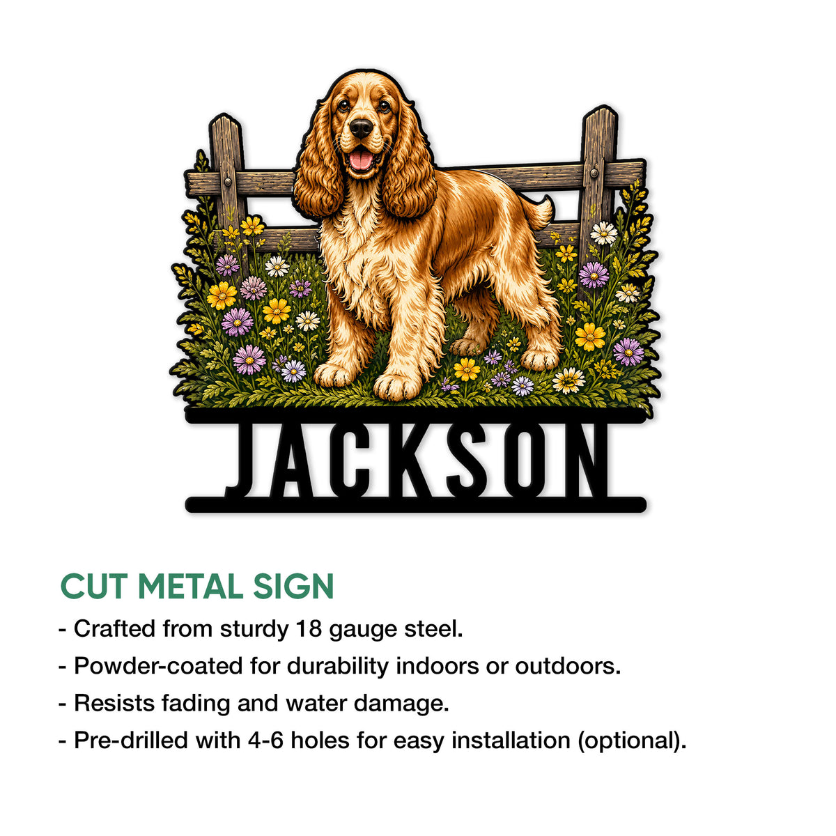 English Cocker Spaniel metal sign shown with product features and available cut sign presentation