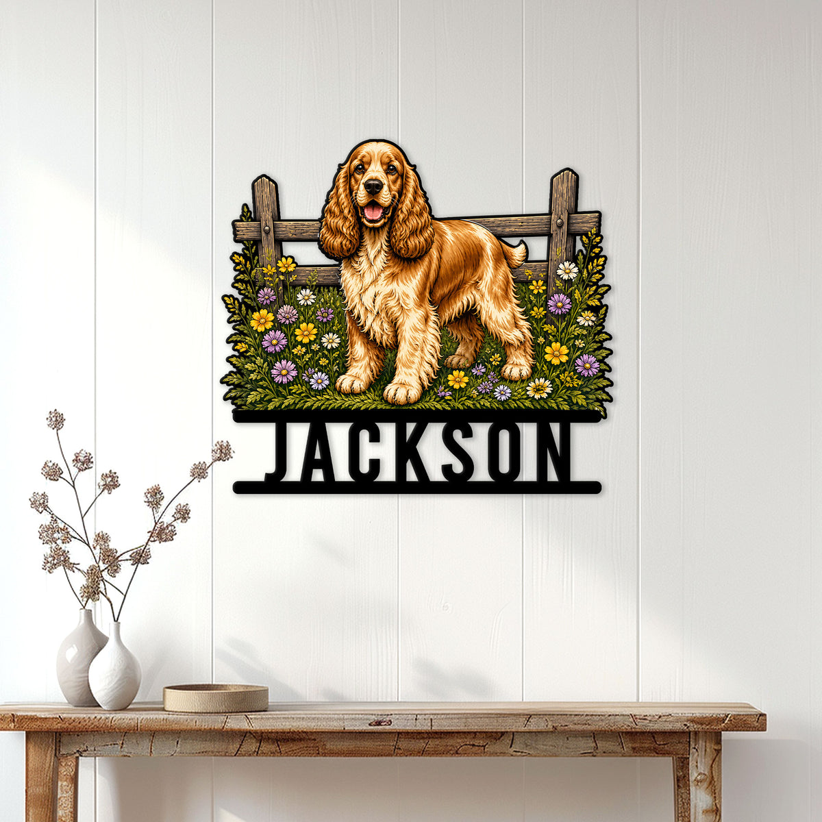 English Cocker Spaniel wall sign displayed above a console table in a bright home entryway