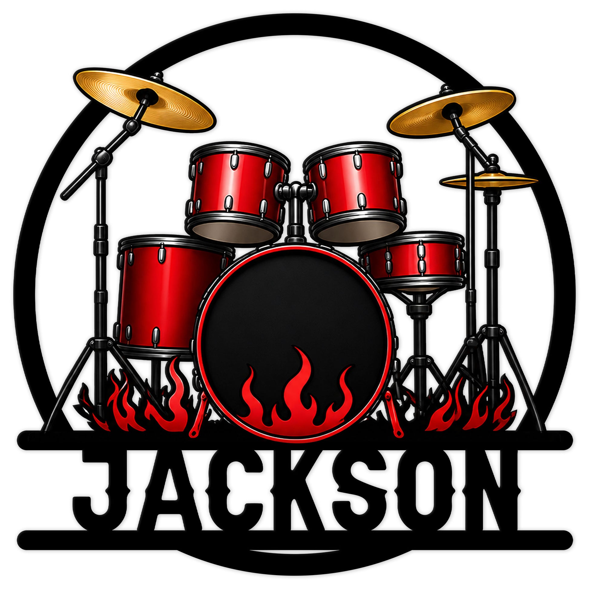 Custom drum metal sign featuring a red drum kit, golden cymbals, black accents, and fiery rock-inspired flames