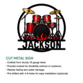 Drum metal sign feature graphic showing the fiery red drum kit design and available product presentation details