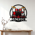 Drum wall sign displayed on a light wood-paneled wall, creating bold music room or studio decor