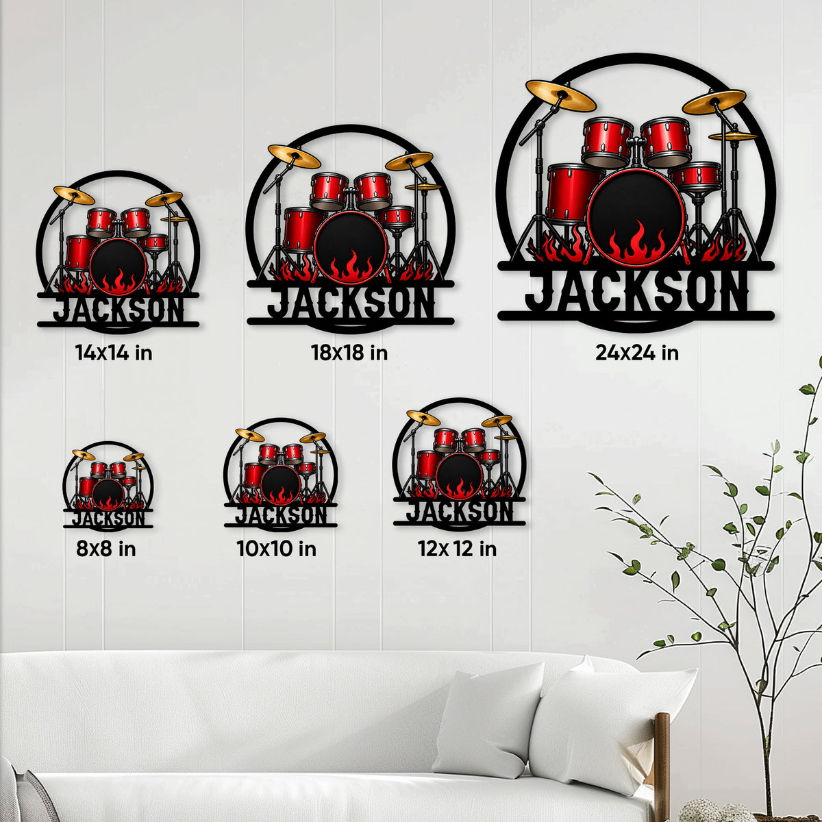 Drum metal sign size guide showing six square size options displayed in a living room setting