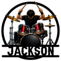 Custom drummer metal sign featuring a dynamic musician behind a red and black drum kit