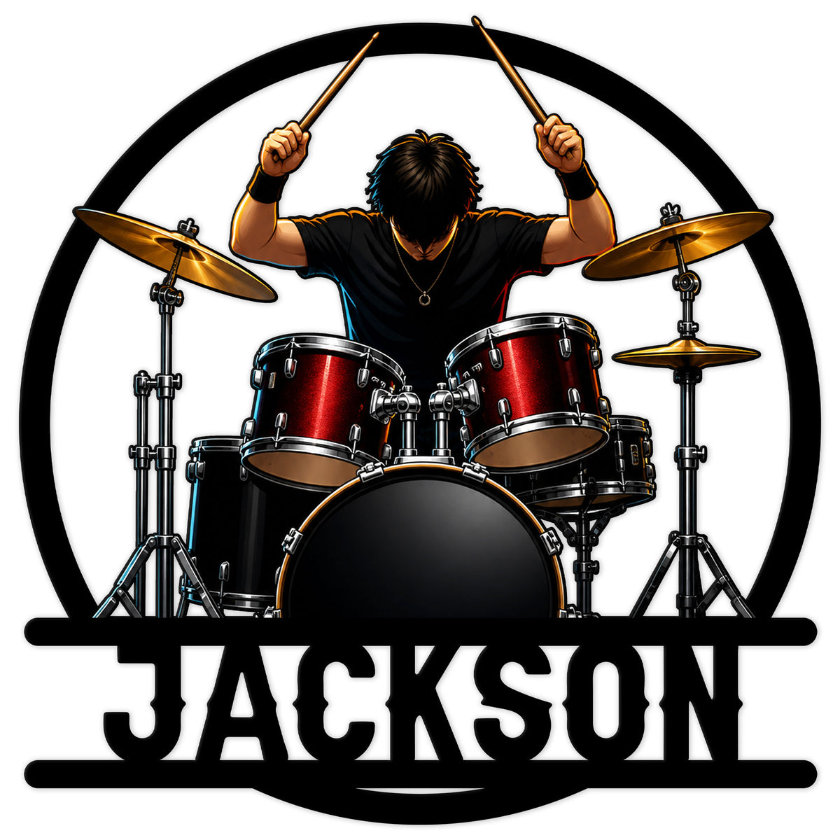 Custom drummer metal sign featuring a dynamic musician behind a red and black drum kit