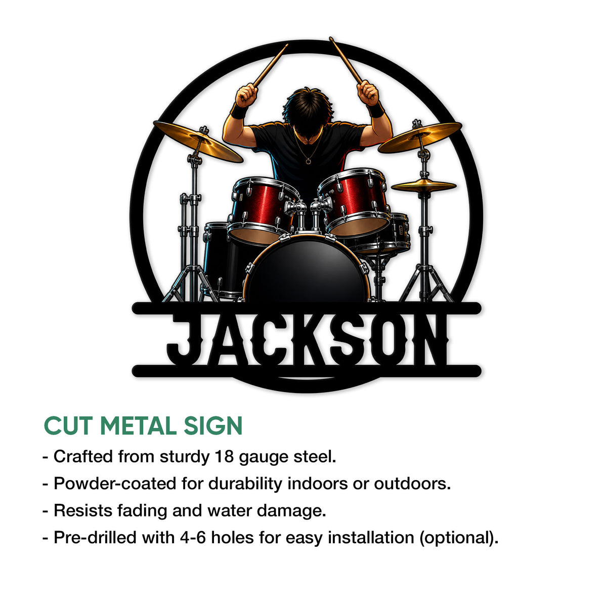 Drummer metal sign feature graphic showing the cut metal wall decor design and presentation