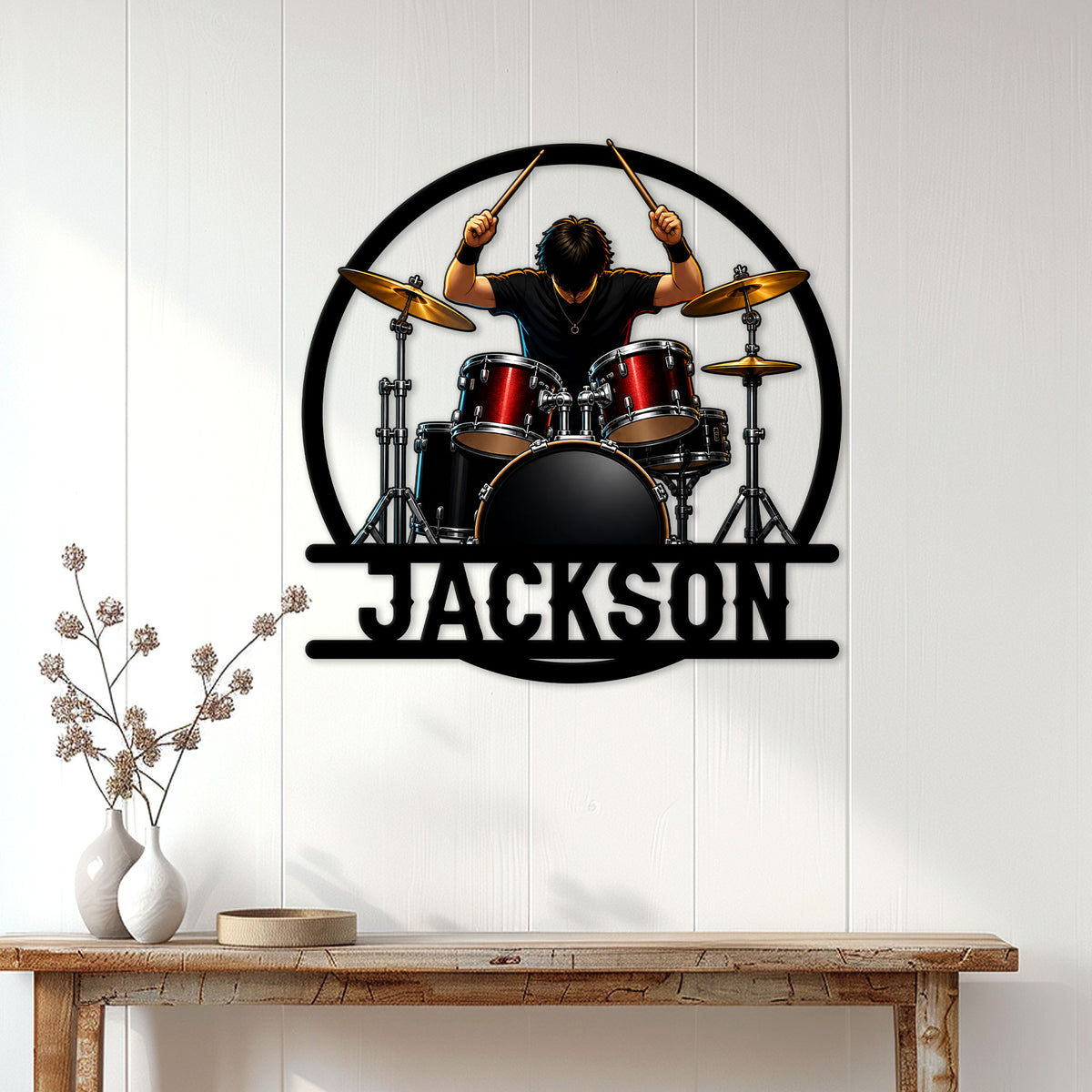 Drummer metal sign displayed on a bright paneled wall above a rustic console table
