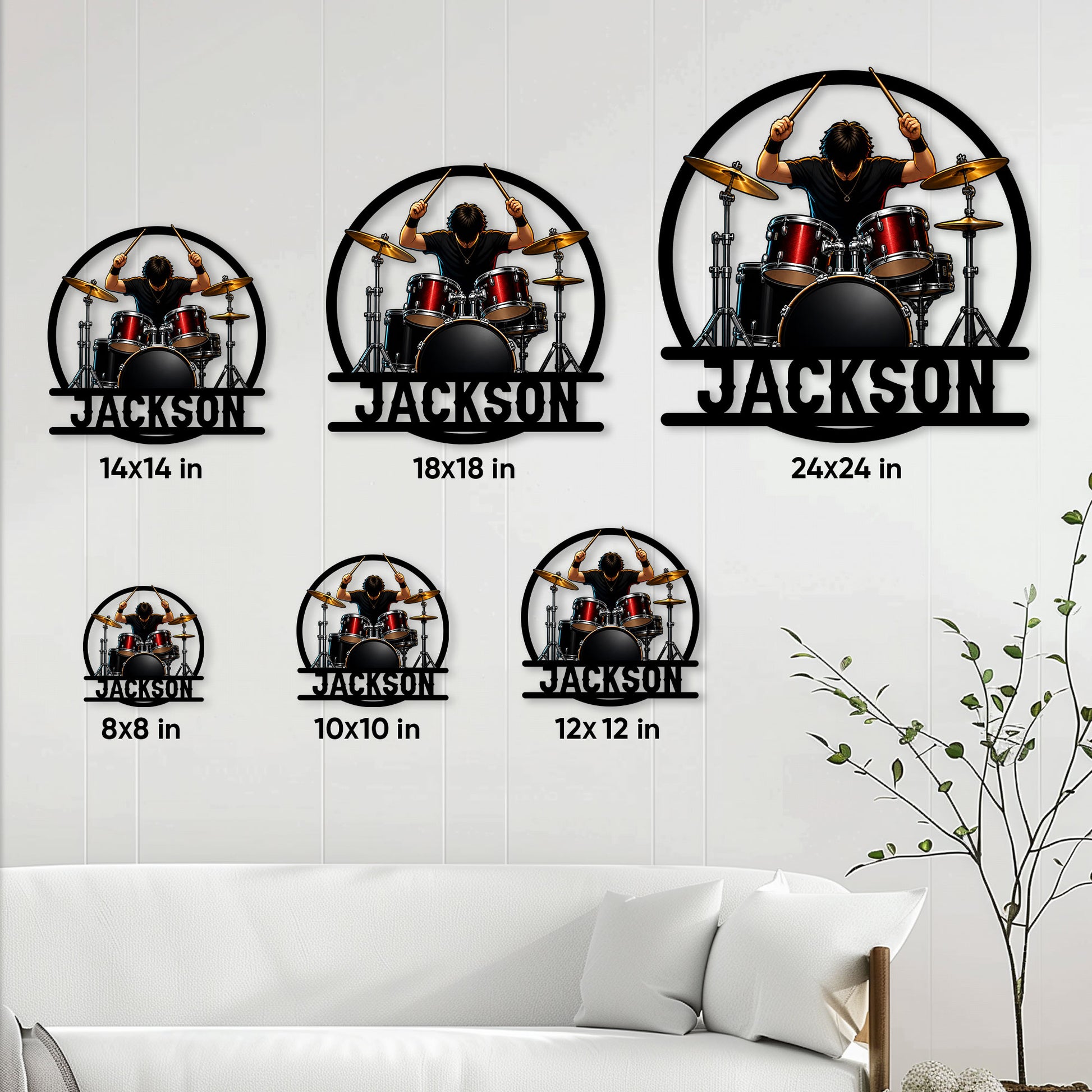 Drummer metal sign size guide showing available square sizes from 8 by 8 to 24 by 24 inches