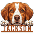 Brittany Spaniel metal sign featuring a warm brown-and-white dog portrait peeking over a bold name-style base