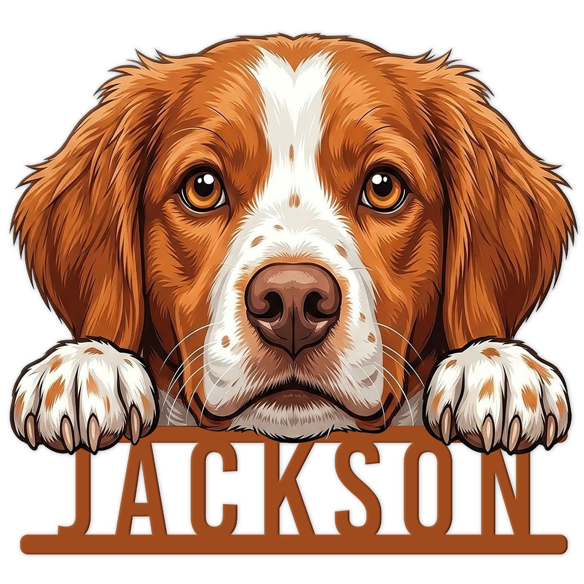 Brittany Spaniel metal sign featuring a warm brown-and-white dog portrait peeking over a bold name-style base