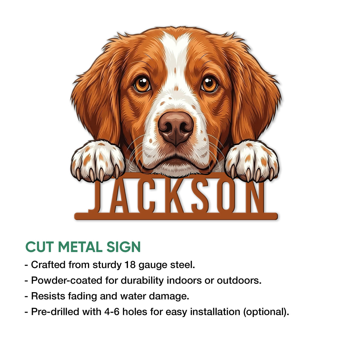 Cut metal Brittany Spaniel sign showcasing a detailed brown-and-white spaniel portrait with paws over the lower design