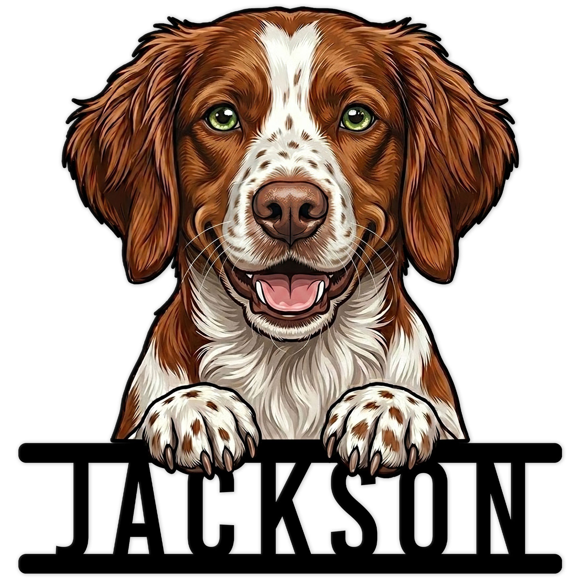 Detailed Brittany Spaniel portrait metal sign featuring a happy brown and white dog peeking over a bold base
