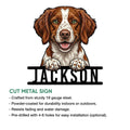 Brittany Spaniel metal sign product infographic showing the dog portrait design and cut metal sign presentation