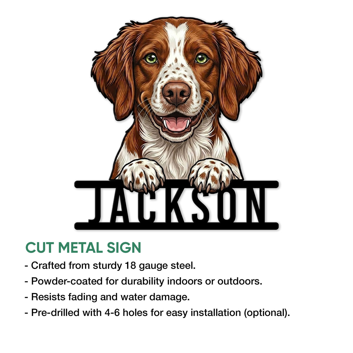 Brittany Spaniel metal sign product infographic showing the dog portrait design and cut metal sign presentation