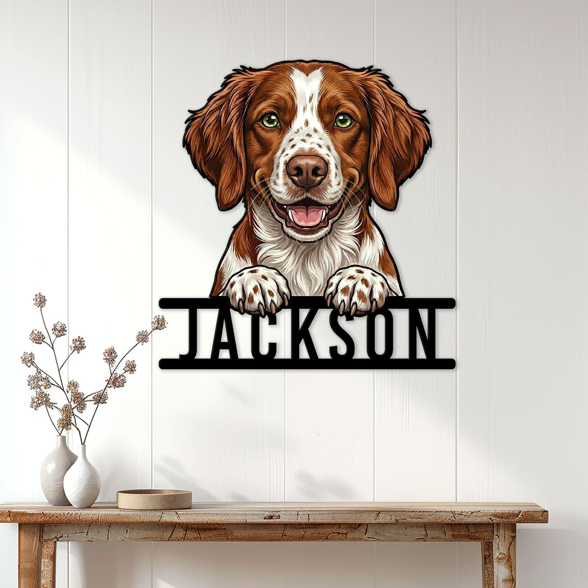 Brittany Spaniel wall sign displayed above a console table in a bright home entryway