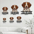 Brittany Spaniel metal sign size guide showing multiple square size options on a living room wall