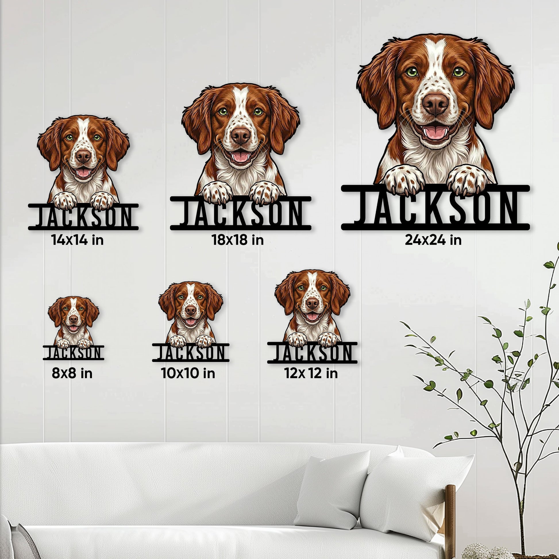 Brittany Spaniel metal sign size guide showing multiple square size options on a living room wall