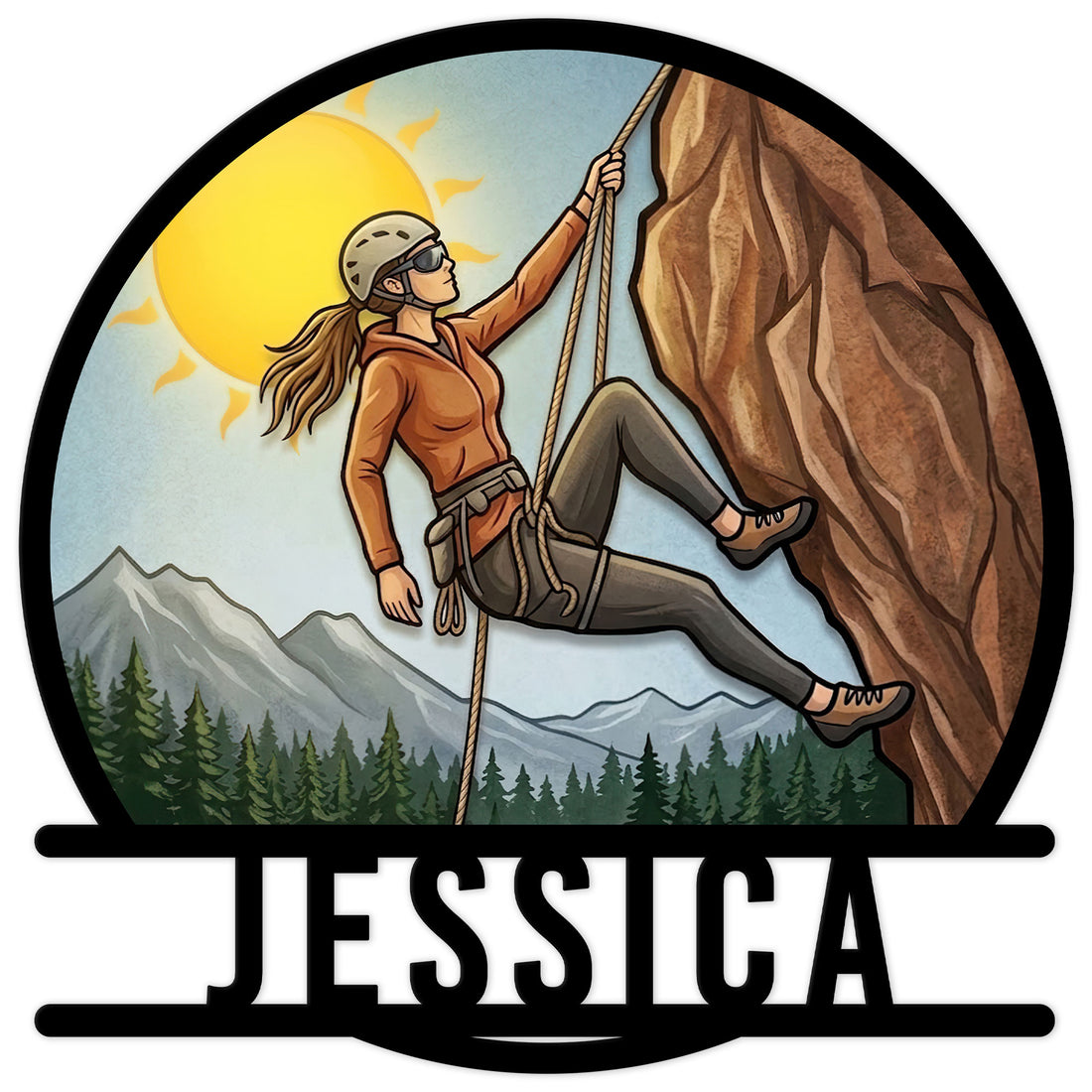Custom rock climbing metal sign featuring a woman climber scaling a mountain beneath a bright sun