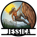 Custom rock climbing metal sign featuring a woman climber scaling a mountain beneath a bright sun