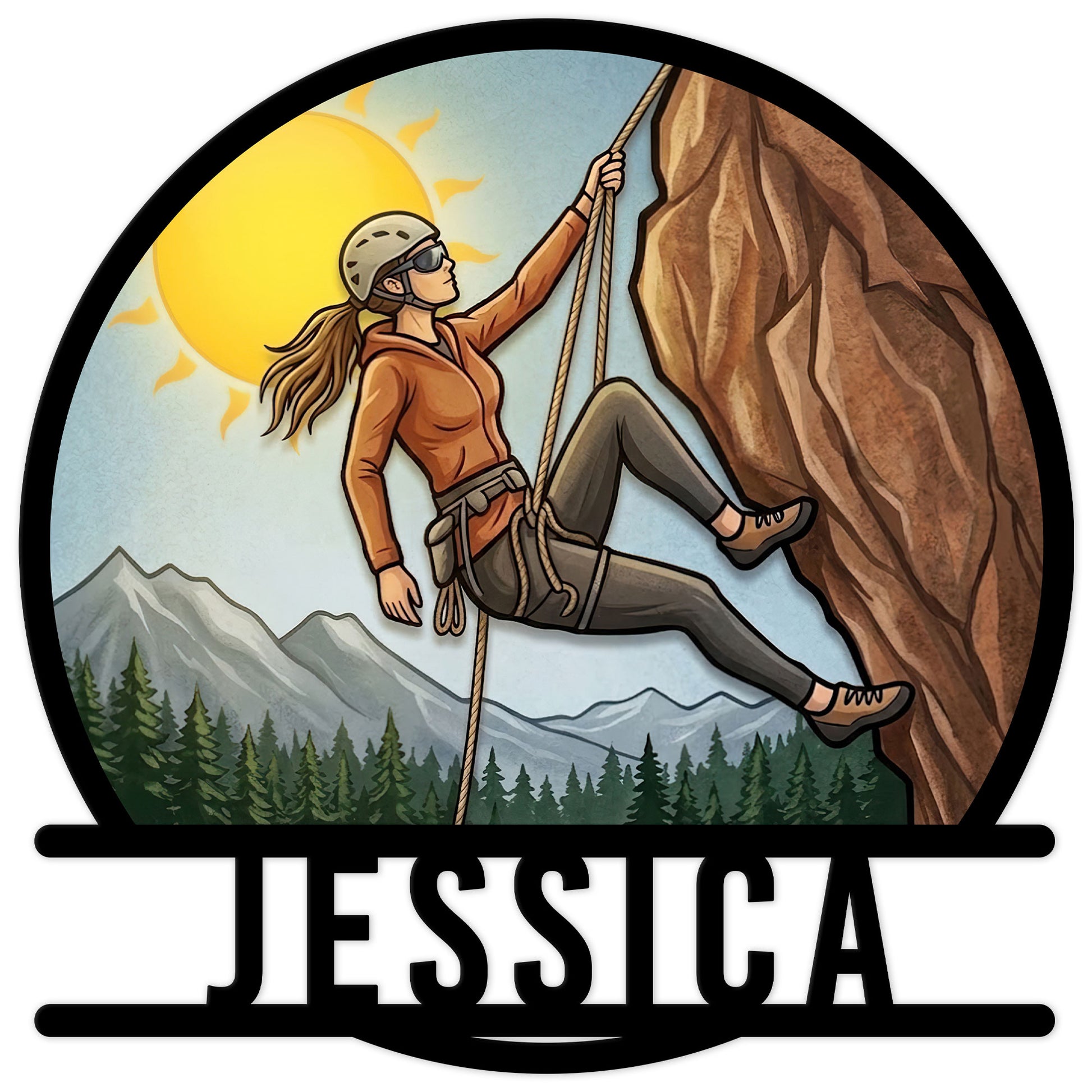 Custom rock climbing metal sign featuring a woman climber scaling a mountain beneath a bright sun