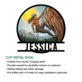 Rock climbing metal sign feature guide showing a climber design with indoor and outdoor display details
