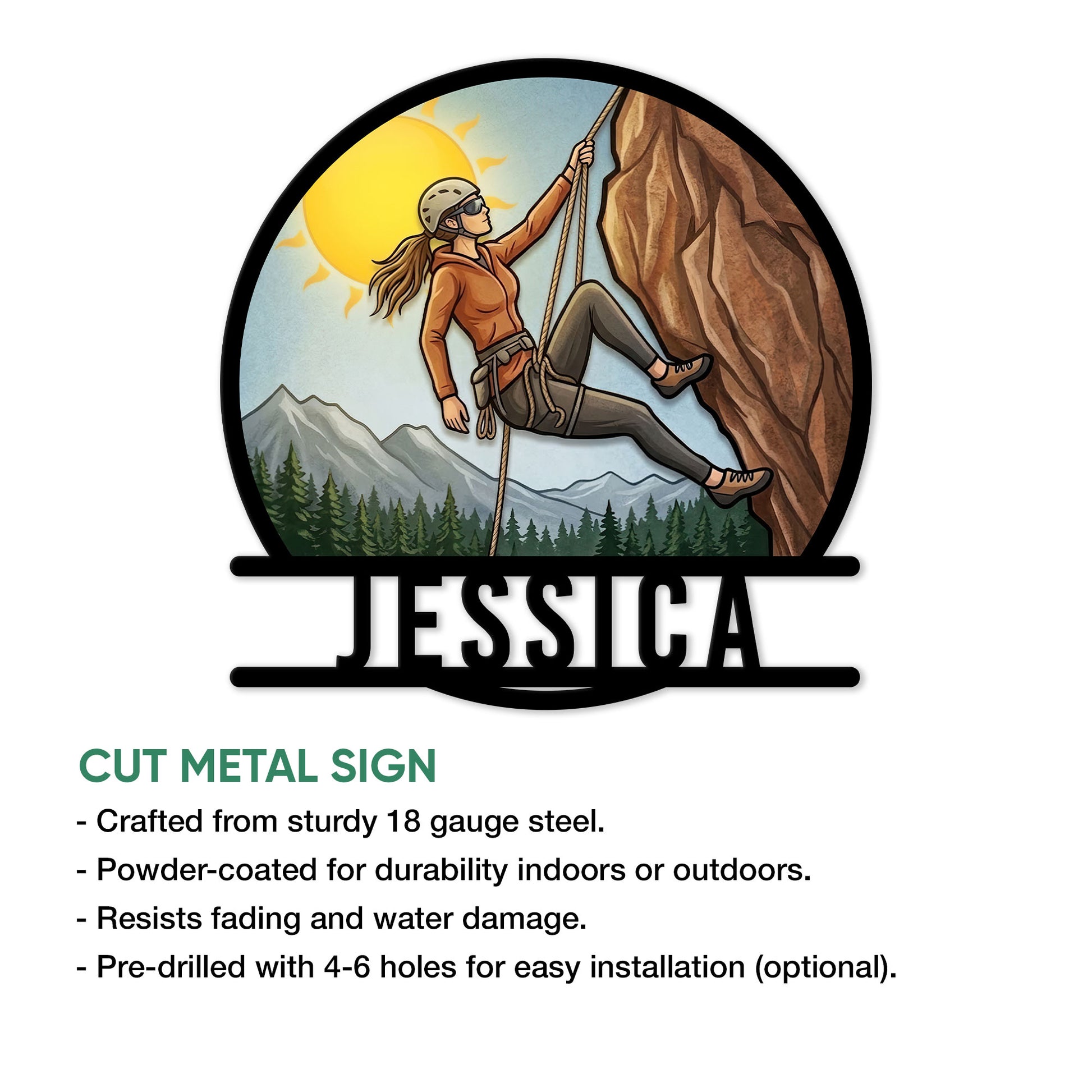 Rock climbing metal sign feature guide showing a climber design with indoor and outdoor display details