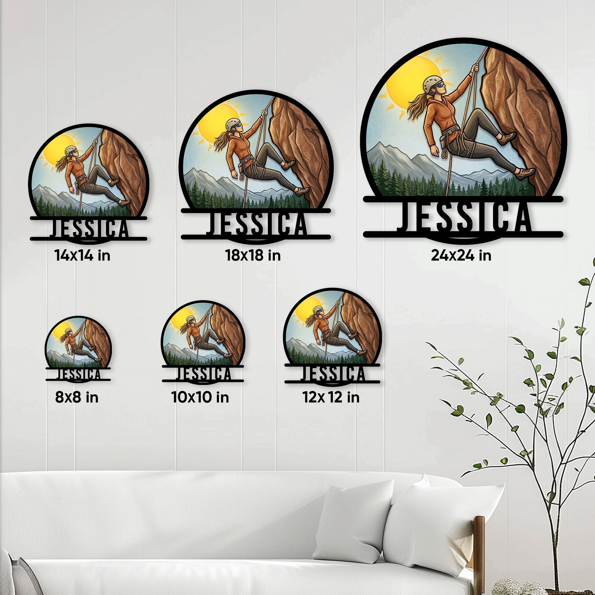 Rock climbing metal sign size guide showing several available dimensions in a bright living room