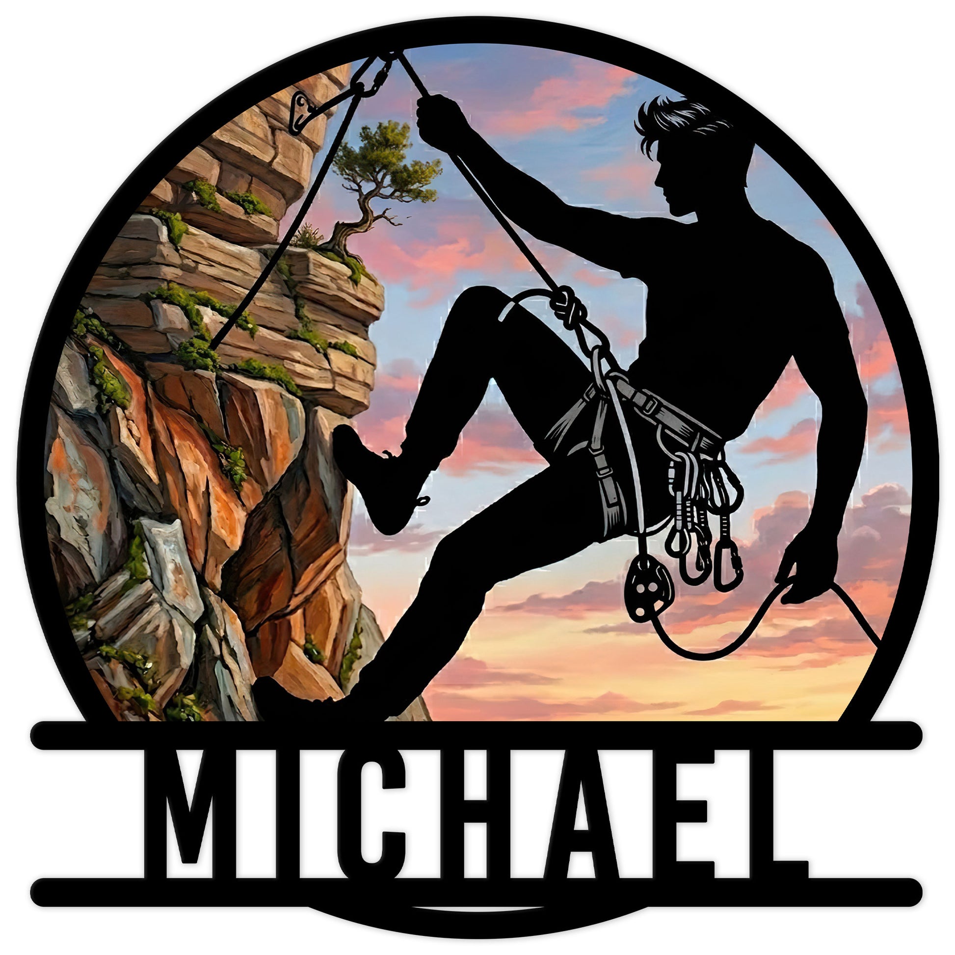 Rock climbing metal sign with a climber silhouette scaling a scenic cliff at sunset