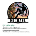 Rock climbing cut metal sign featuring a cliff climber silhouette and product feature details