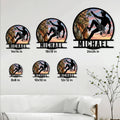 Rock climbing metal sign size guide showing six available square dimensions in a room setting