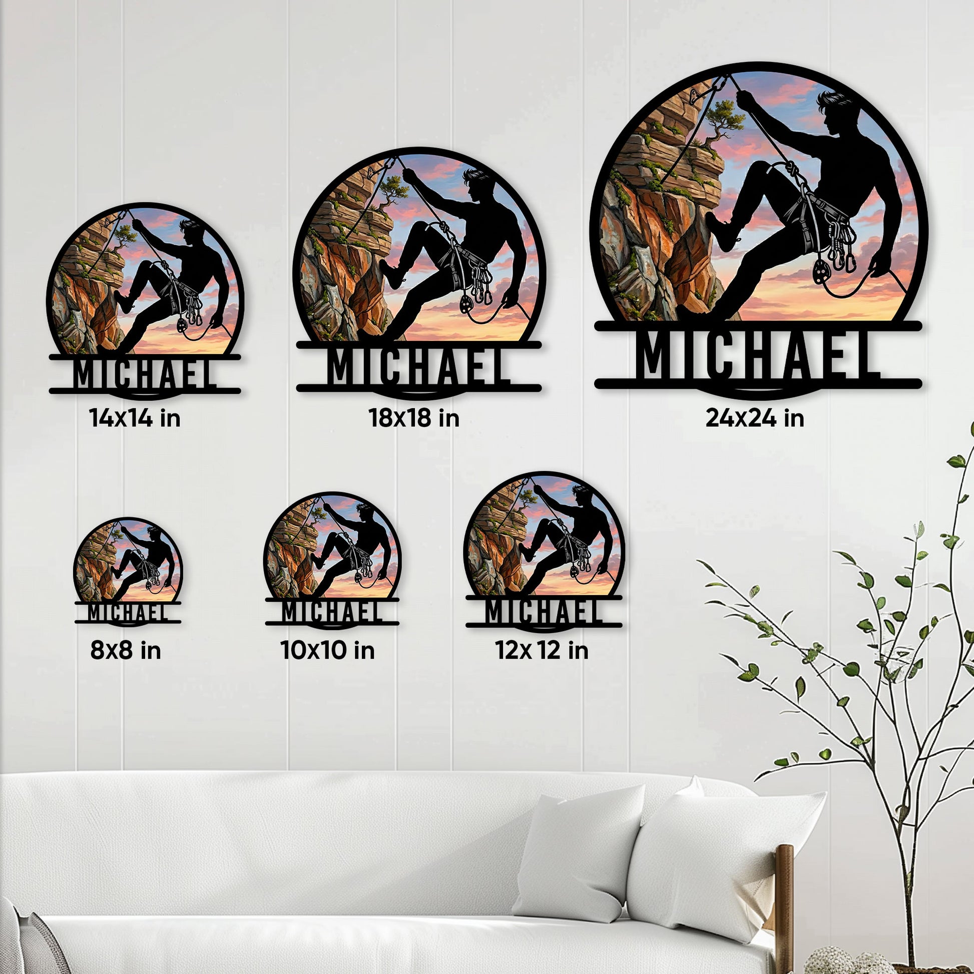 Rock climbing metal sign size guide showing six available square dimensions in a room setting