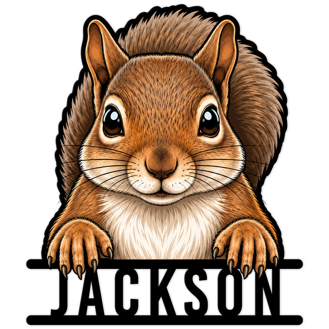 Detailed squirrel metal sign artwork showing a cheerful brown squirrel peeking over a bold lower bar