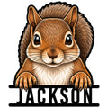 Detailed squirrel metal sign artwork showing a cheerful brown squirrel peeking over a bold lower bar