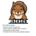Squirrel cut metal sign feature graphic showing the illustrated woodland animal design and product presentation