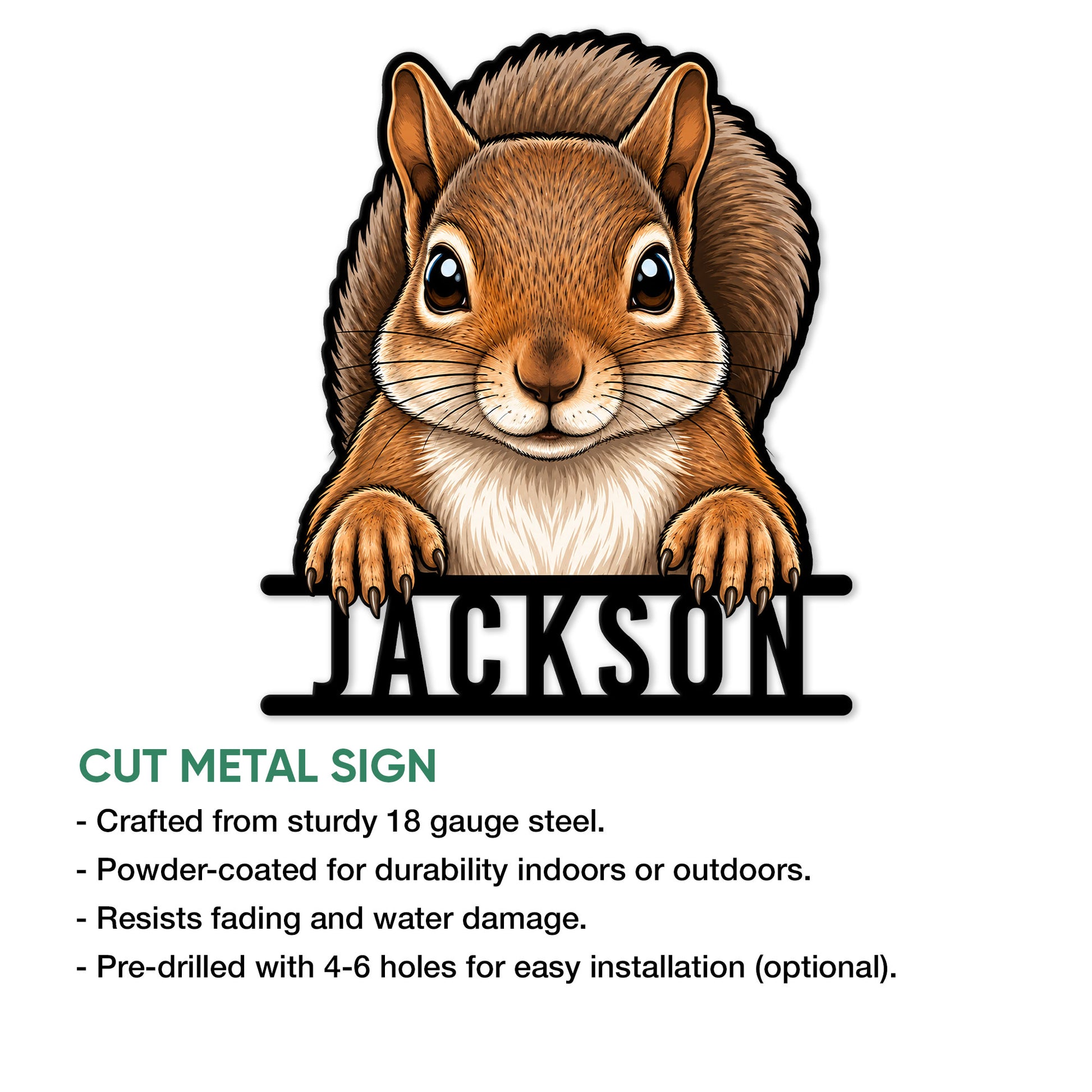 Squirrel cut metal sign feature graphic showing the illustrated woodland animal design and product presentation