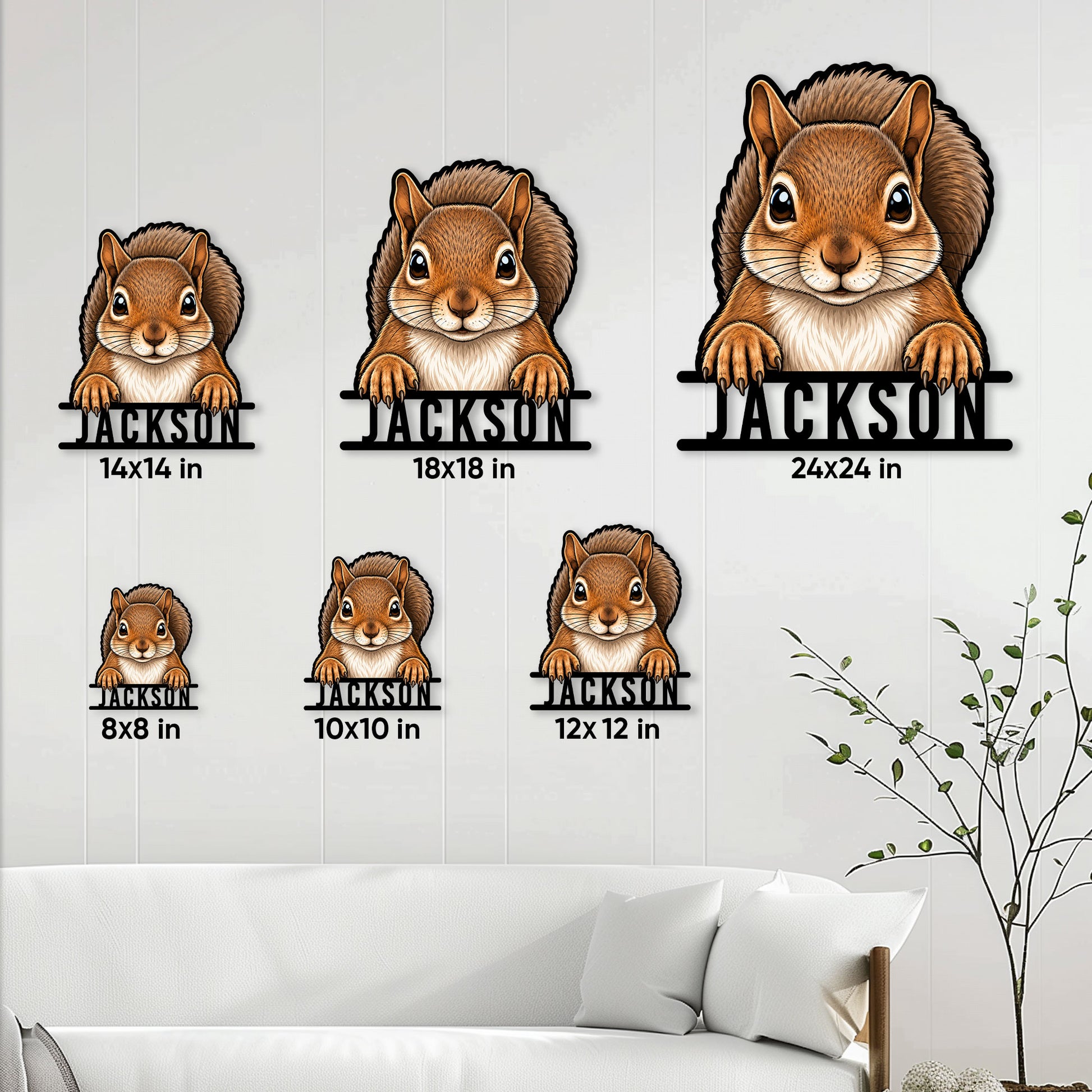 Squirrel metal sign size guide showing multiple square size options in a living room setting