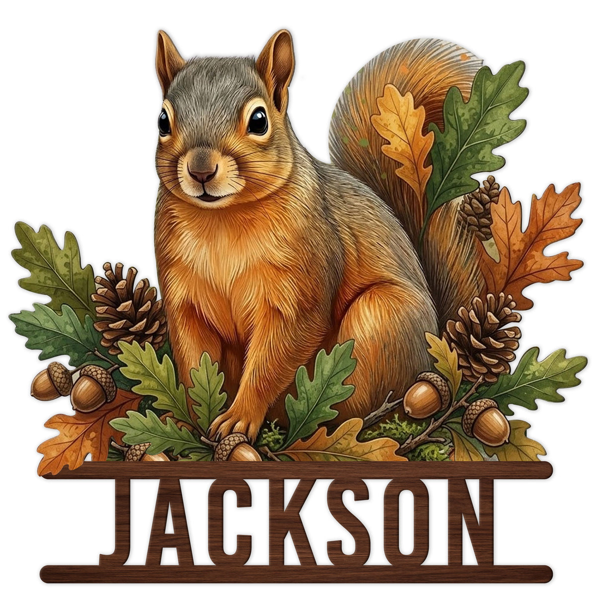 Custom squirrel metal sign with a detailed woodland squirrel surrounded by oak leaves, acorns, and pinecones