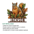 Squirrel metal sign product feature graphic highlighting the cut design and indoor or outdoor display use