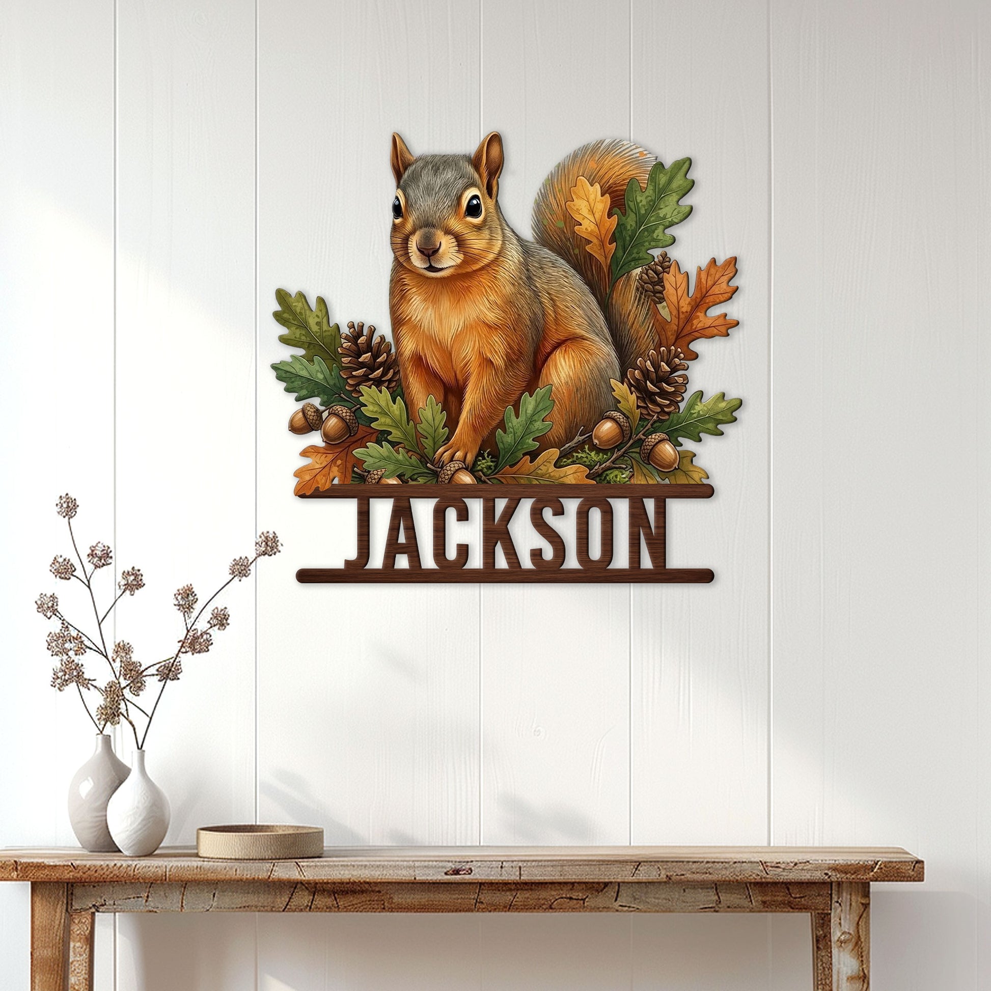 Squirrel metal sign displayed on a light paneled wall above a rustic entryway console